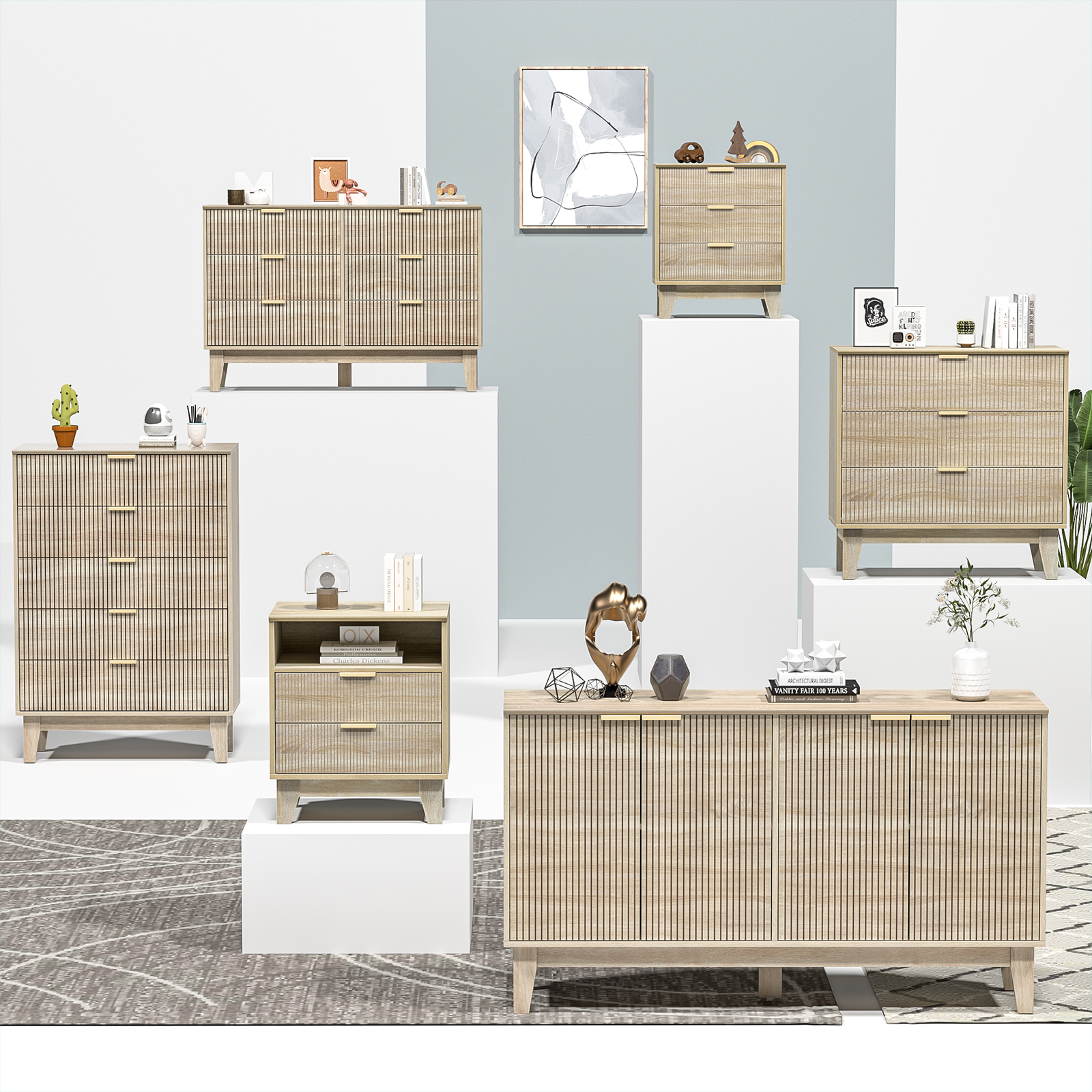 Anmytek 4-Door Solid Wood Sideboard Buffet with Adjustable Shelves, Large Storage Cabinet, Accent Cabinet Console for Kitchen