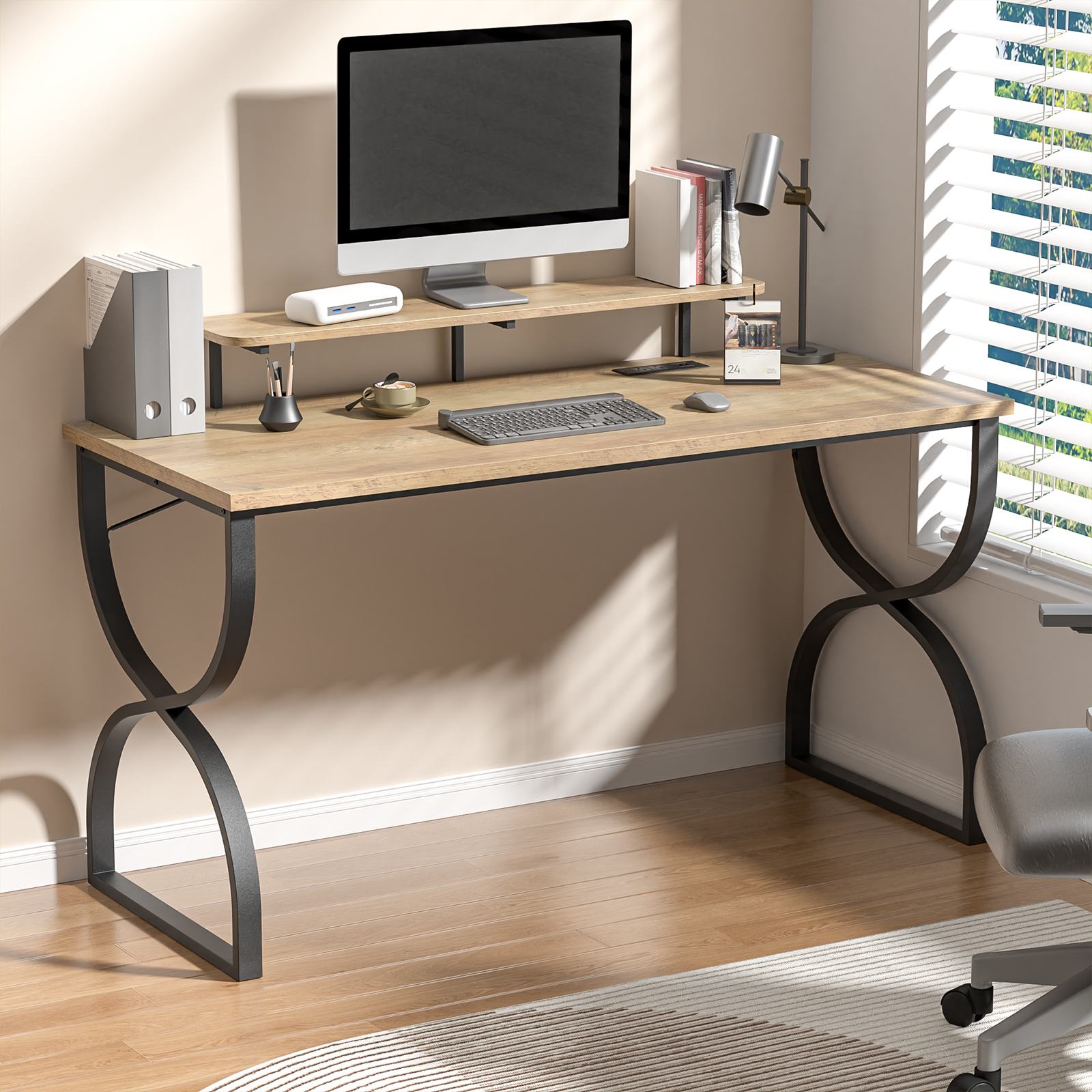Anmytek Wide Desk 55.1 " Wooden Writing Desk Study Table Modern Simple Work Desk Computer Desk with Socket Work Game Table in Home Office