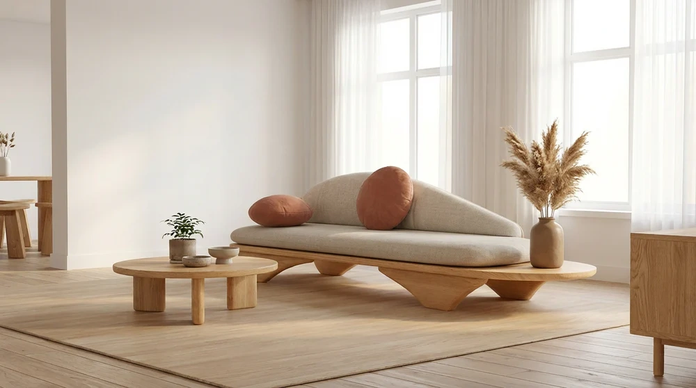 Anmytek Contemporary Curved Sofa – Modern Minimalist 3-Seater with Elegant Wooden Base, Plush Cushions, and Stylish Design – Comfortable and Chic Living Room Furniture