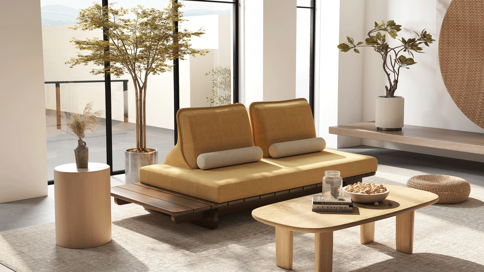 Anmytek Modern 2-Seater Sofa – Minimalist Double Couch with Wooden Base, Plush Cushions, and Functional Side Table – Stylish and Comfortable Living Room Furniture