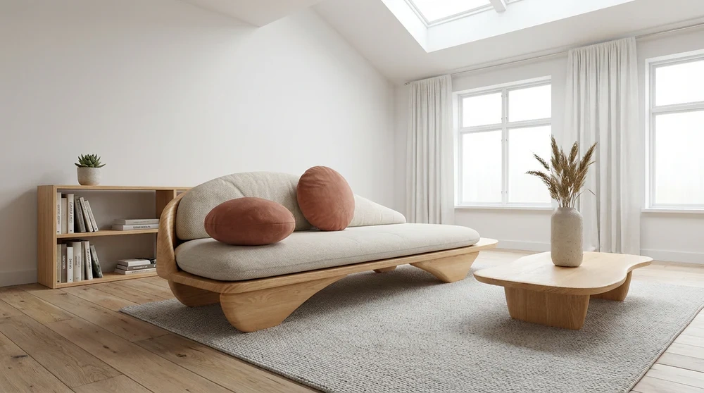 Anmytek Contemporary Curved Sofa – Modern Minimalist 3-Seater with Elegant Wooden Base, Plush Cushions, and Stylish Design – Comfortable and Chic Living Room Furniture