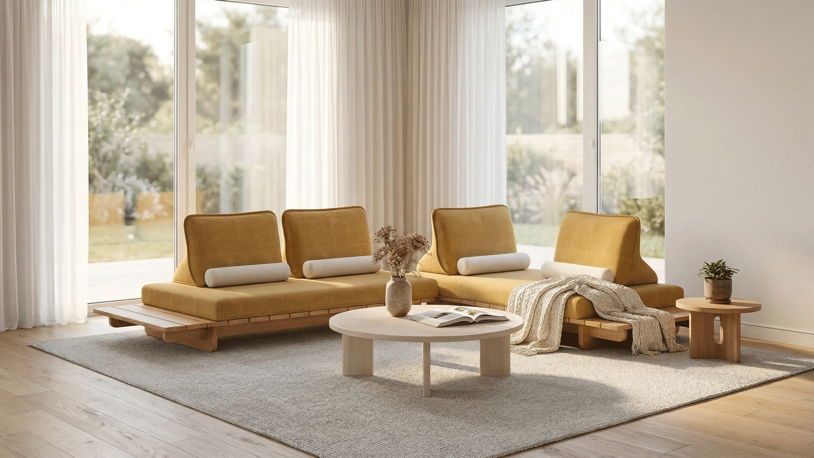 Anmytek Modern 2-Seater Sofa – Minimalist Double Couch with Wooden Base, Plush Cushions, and Functional Side Table – Stylish and Comfortable Living Room Furniture