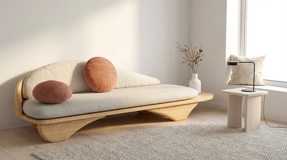 Anmytek Contemporary Curved Sofa – Modern Minimalist 3-Seater with Elegant Wooden Base, Plush Cushions, and Stylish Design – Comfortable and Chic Living Room Furniture