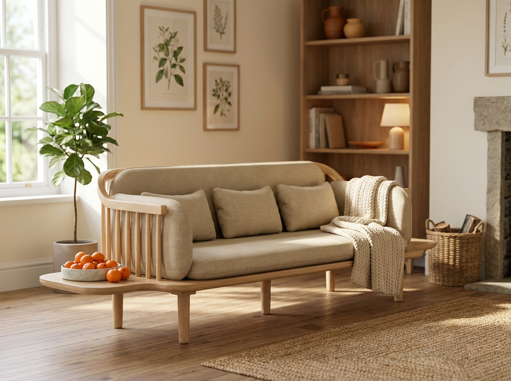Anmytek Modern 3-Seater Sofa – Stylish Wooden Frame Sofa with Soft Cushions and Integrated Side Table – Perfect for Contemporary Living Spaces