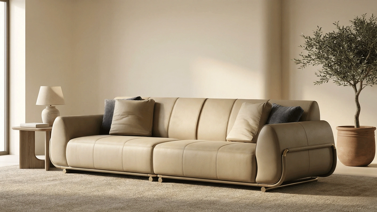 Anmytek Modern Leather Sofa – Luxurious 3-Seater Couch with Plush Cushions and Gold Accent Legs – Comfortable and Stylish Living Room Furniture