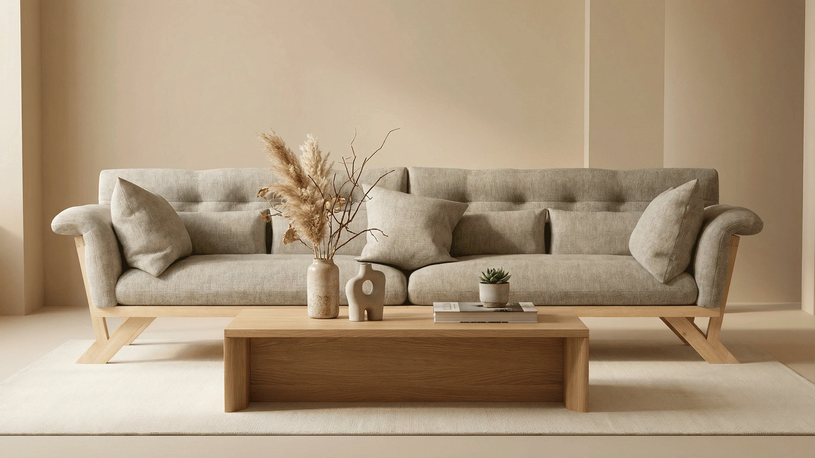 Anmytek Modern 4-Seater Sofa – North American White Ash Wood Frame, Foam Seat with Linen-Cotton Upholstery, and Wood Wax Oil Finish – Stylish and Comfortable Living Room Furniture