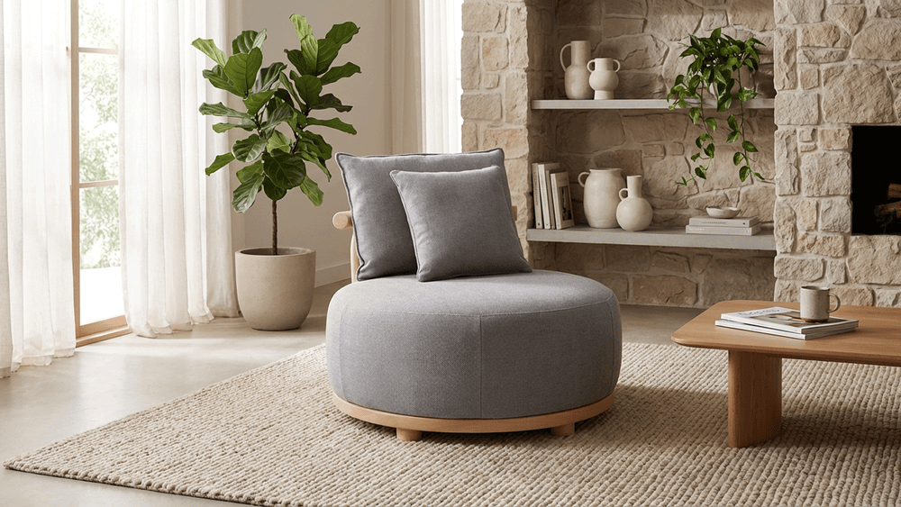 Modern Round Lounge Chair with Solid Wood Base, Upholstered Accent Chair with Back Cushion, Comfortable Single Sofa Chair for Living Room, Bedroom, Reading Nook