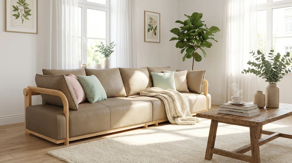 Anmytek Modern 4-Seater Sofa – Elegant Wooden Frame with Soft Upholstery and Unique Curved Arms – Comfortable and Stylish Living Room Furniture