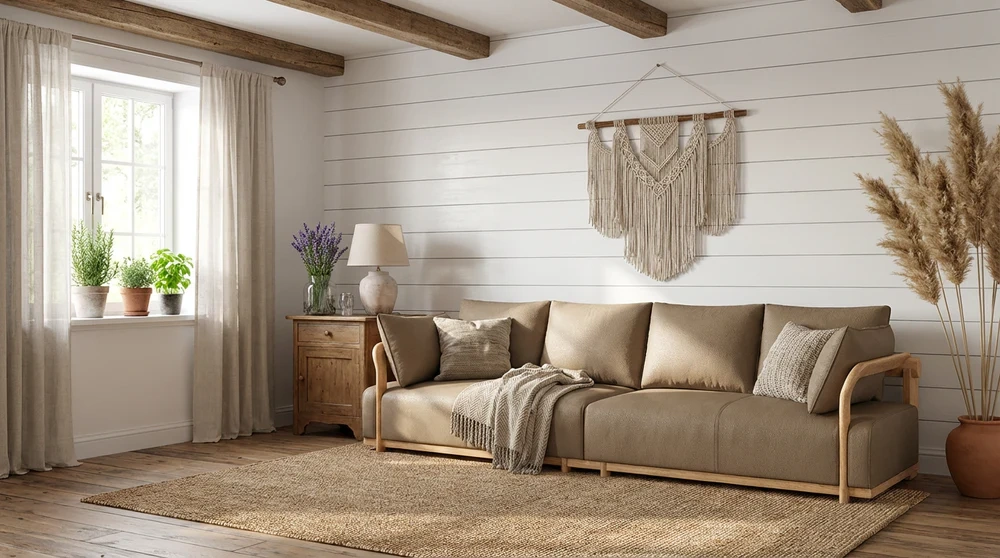 Anmytek Modern 4-Seater Sofa – Elegant Wooden Frame with Soft Upholstery and Unique Curved Arms – Comfortable and Stylish Living Room Furniture