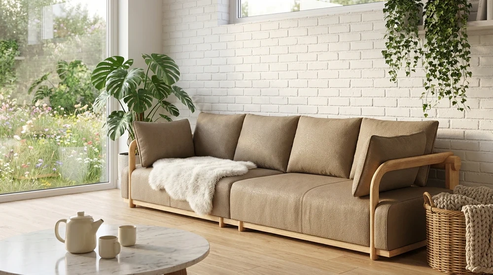 Anmytek Modern 4-Seater Sofa – Elegant Wooden Frame with Soft Upholstery and Unique Curved Arms – Comfortable and Stylish Living Room Furniture