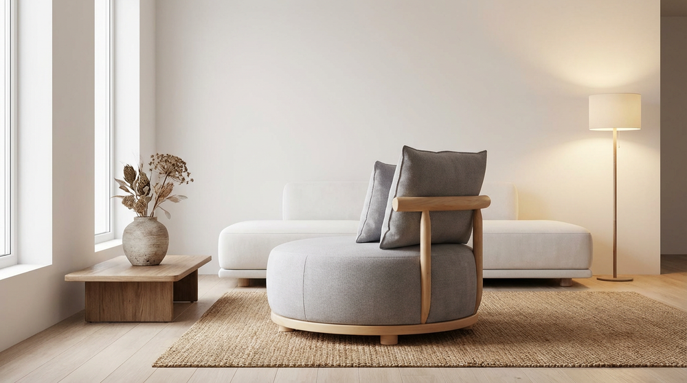 Modern Round Lounge Chair with Solid Wood Base, Upholstered Accent Chair with Back Cushion, Comfortable Single Sofa Chair for Living Room, Bedroom, Reading Nook