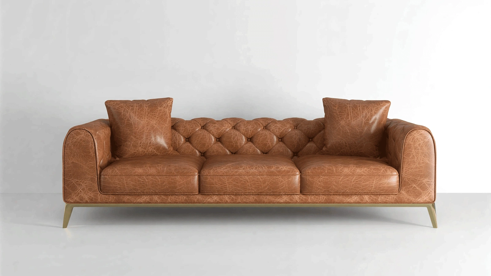 Stylish Three-Seater Brown Leather Sofa with Button-Tufted Backrest, Gold Metal Legs - Modern Mid-Century Classic Design for Living Room, Lounge