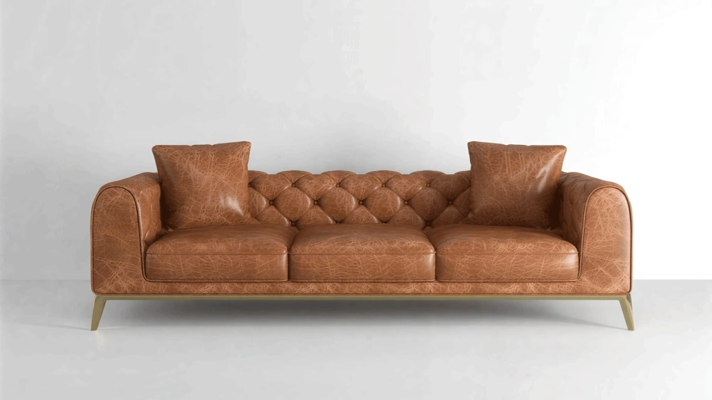 Stylish Three-Seater Brown Leather Sofa with Button-Tufted Backrest, Gold Metal Legs - Modern Mid-Century Classic Design for Living Room, Lounge