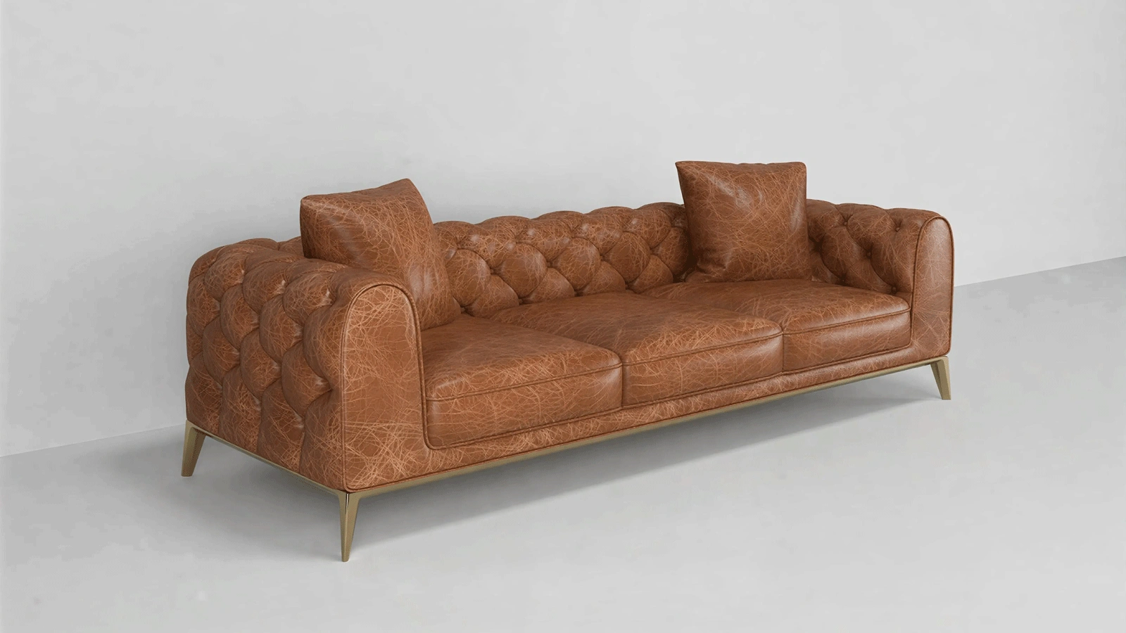 Stylish Three-Seater Brown Leather Sofa with Button-Tufted Backrest, Gold Metal Legs - Modern Mid-Century Classic Design for Living Room, Lounge