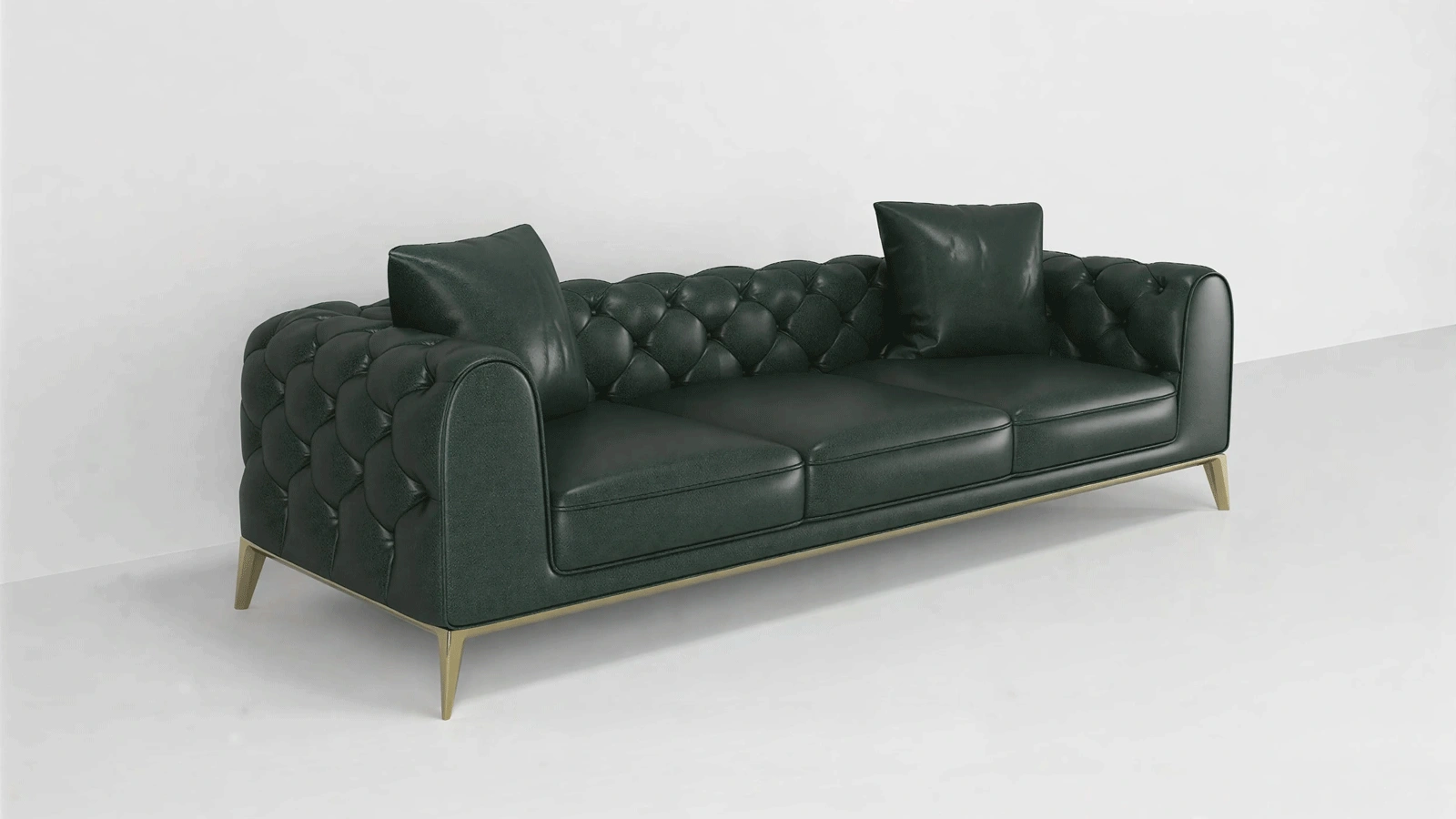 Elegant Three-Seater Green Leather Sofa with Button-Tufted Design, Golden Legs - Vibrant Emerald Velvet Luxury Couch for Modern Classic Interiors