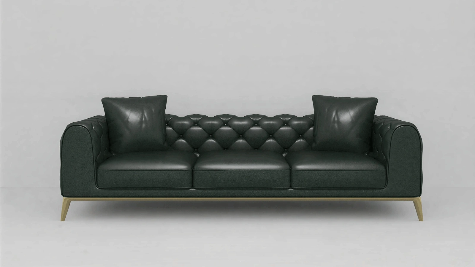 Elegant Three-Seater Green Leather Sofa with Button-Tufted Design, Golden Legs - Vibrant Emerald Velvet Luxury Couch for Modern Classic Interiors