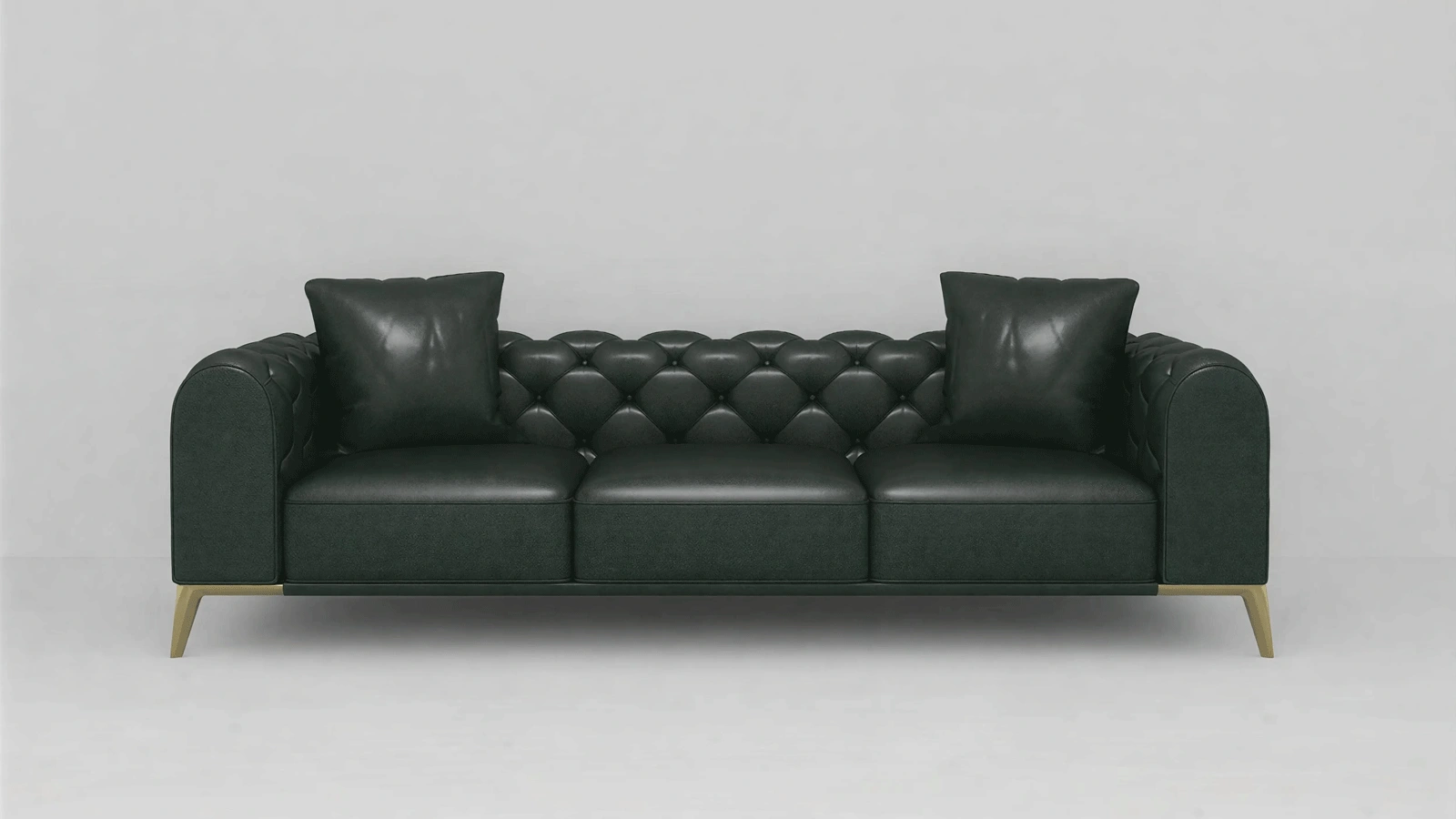 Elegant Three-Seater Green Leather Sofa with Button-Tufted Design, Golden Legs - Vibrant Emerald Velvet Luxury Couch for Modern Classic Interiors
