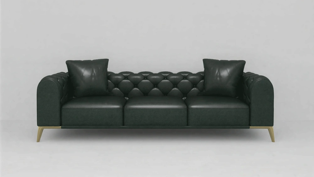 Elegant Three-Seater Green Leather Sofa with Button-Tufted Design, Golden Legs - Vibrant Emerald Velvet Luxury Couch for Modern Classic Interiors