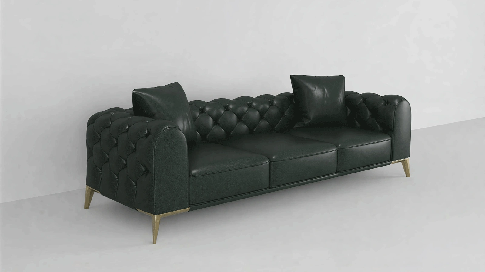Elegant Three-Seater Green Leather Sofa with Button-Tufted Design, Golden Legs - Vibrant Emerald Velvet Luxury Couch for Modern Classic Interiors