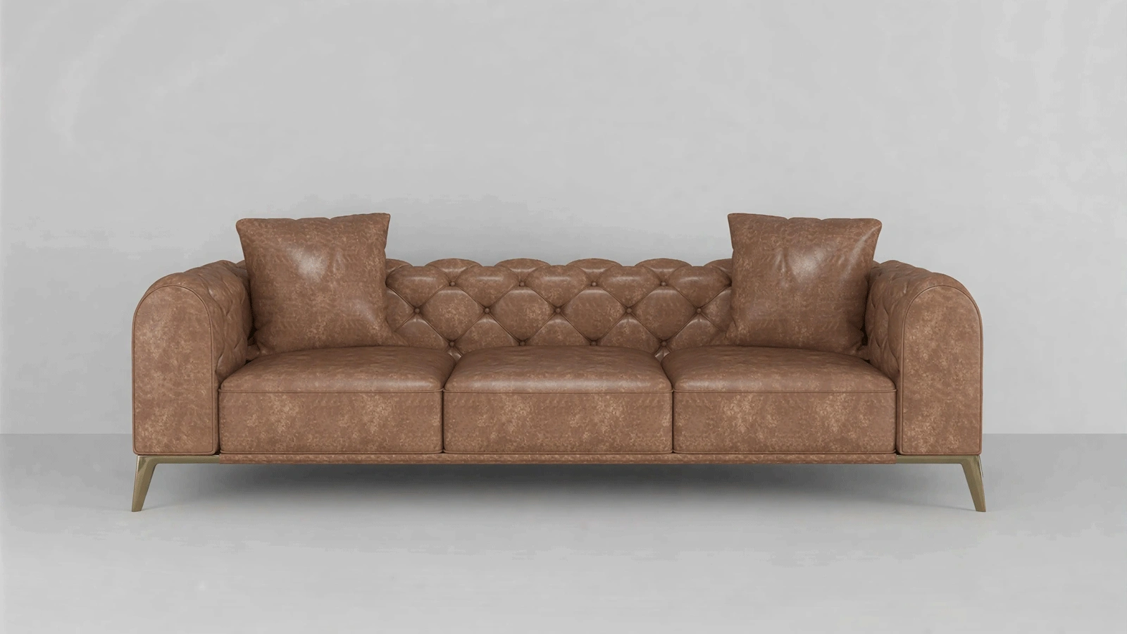 Stylish Three-Seater Brown Leather Sofa with Button-Tufted Backrest, Gold Metal Legs - Modern Mid-Century Classic Design for Living Room, Lounge
