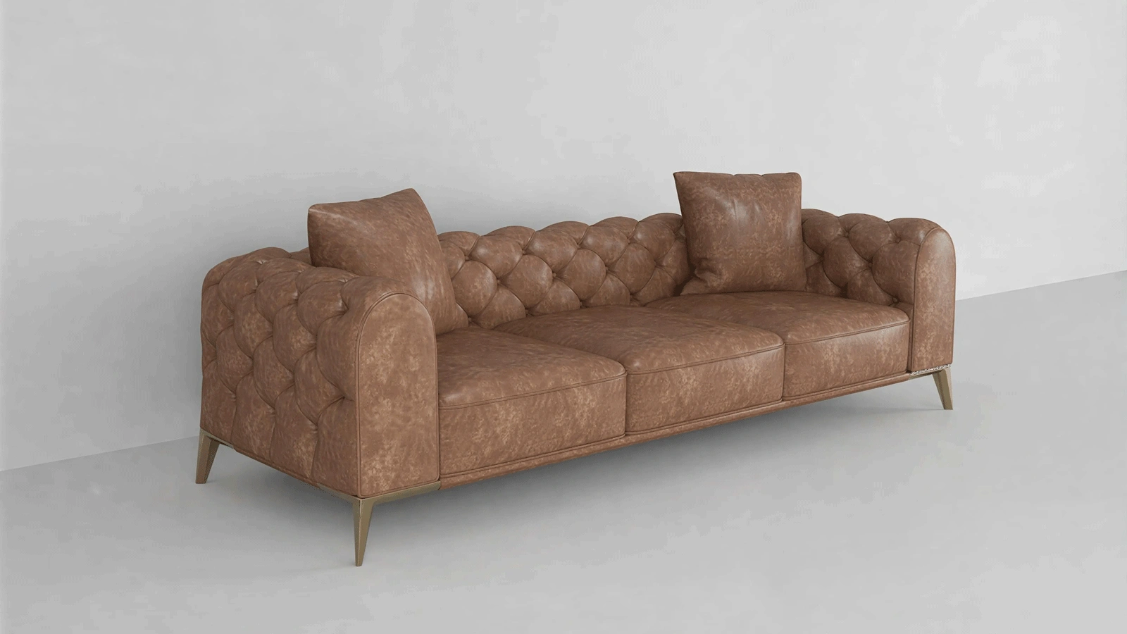 Stylish Three-Seater Brown Leather Sofa with Button-Tufted Backrest, Gold Metal Legs - Modern Mid-Century Classic Design for Living Room, Lounge