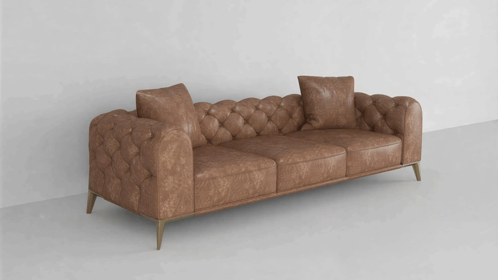 Stylish Three-Seater Brown Leather Sofa with Button-Tufted Backrest, Gold Metal Legs - Modern Mid-Century Classic Design for Living Room, Lounge