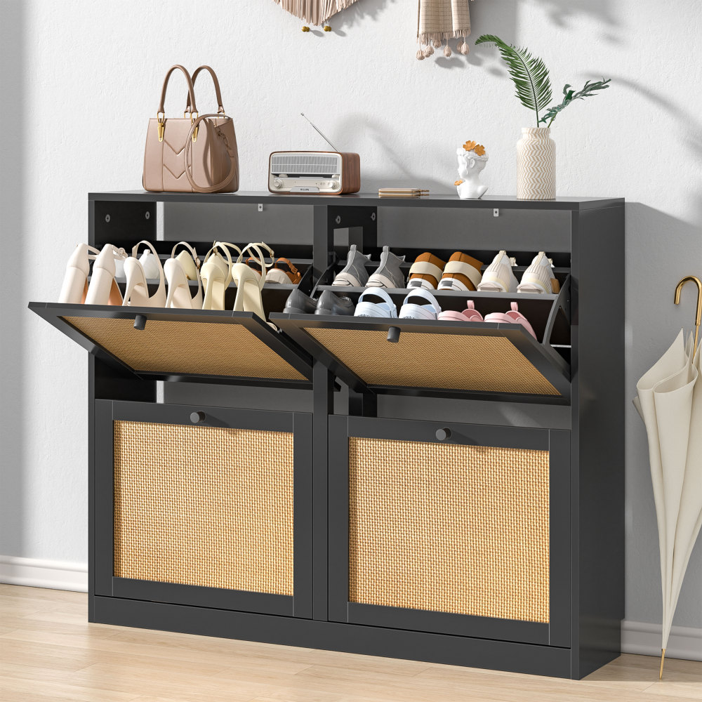 Rattan Shoe Storage Cabinet with 4 Flip Drawers, Freestanding Hidden Shoe Cabinet Organizer with Adjustable Shelf, Narrow Shoe Cabinet for Entryway Hallway Living Room
