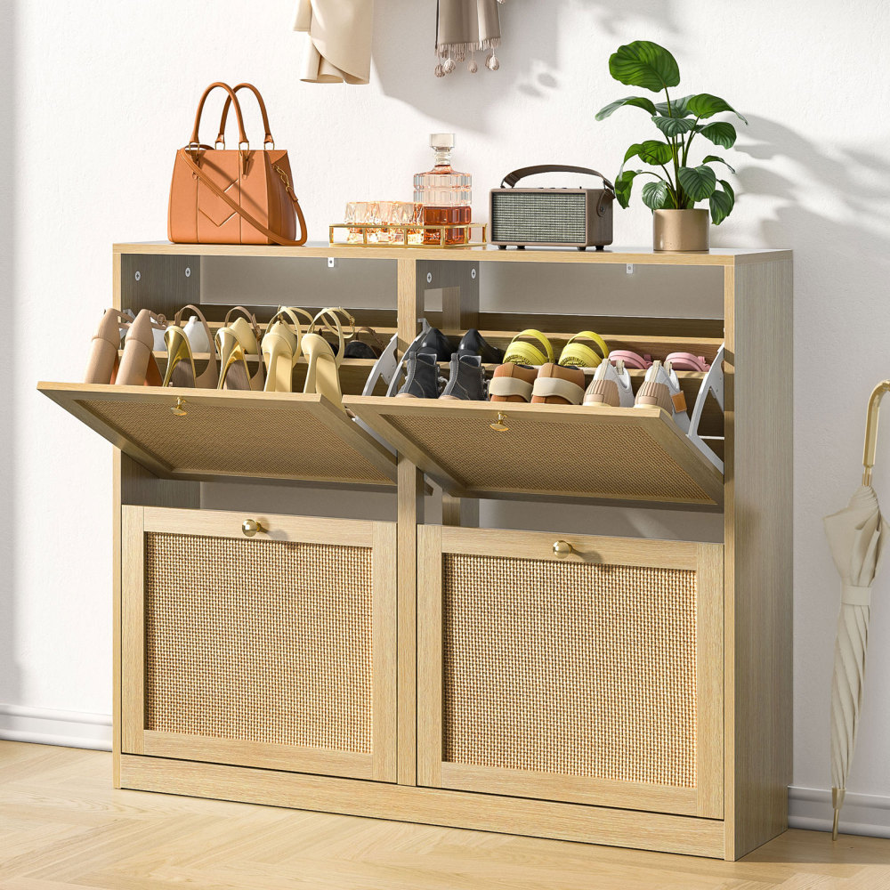 Rattan Shoe Storage Cabinet with 4 Flip Drawers, Freestanding Hidden Shoe Cabinet Organizer with Adjustable Shelf, Narrow Shoe Cabinet for Entryway Hallway Living Room