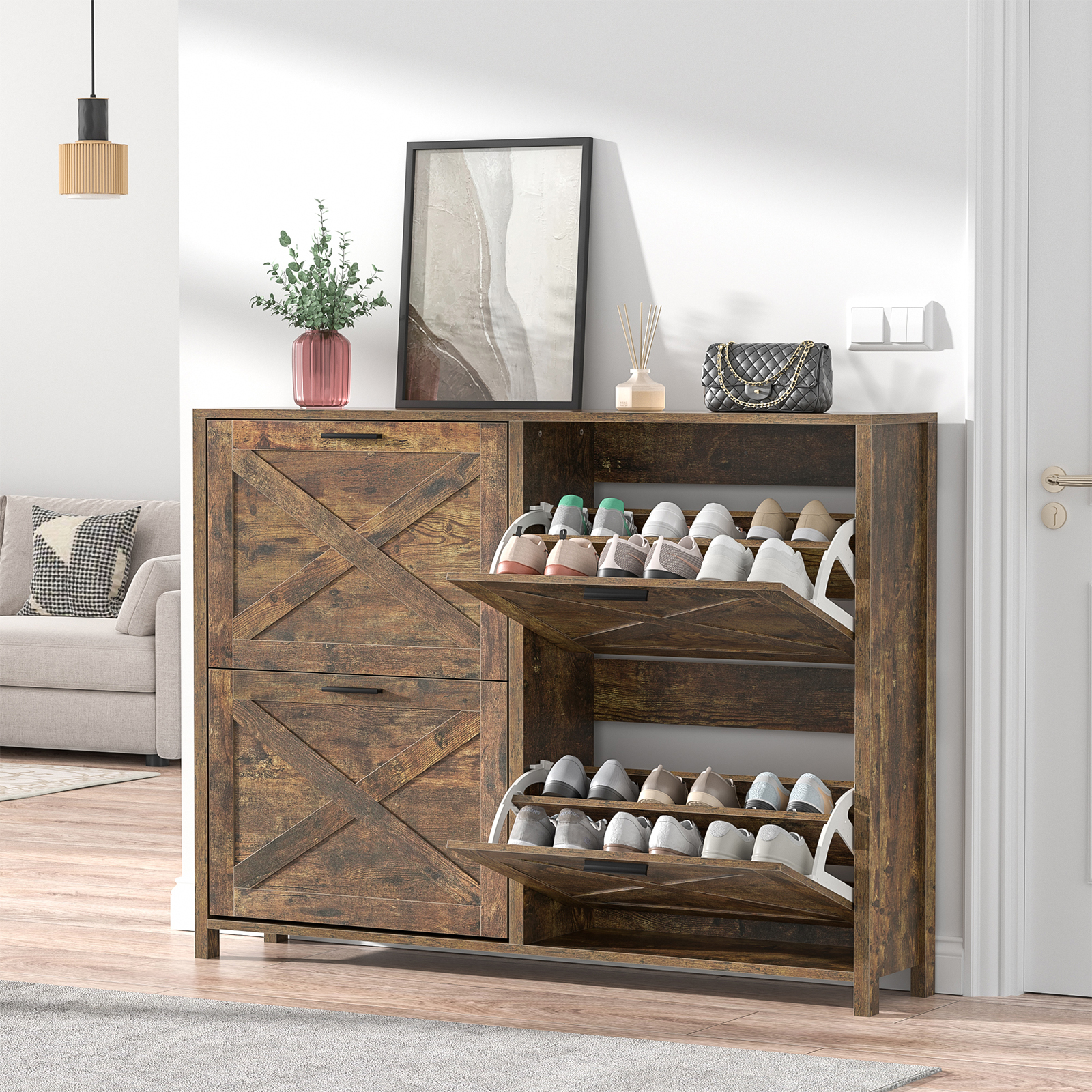 Large Shoe Storage Cabinet with 4 Flip Drawers, Narrow Shoe Cabinet for Entryway with Wooden Legs, Freestanding Hidden Shoe Rack Organizer ＆ Metal Hinges, Rustic Brown