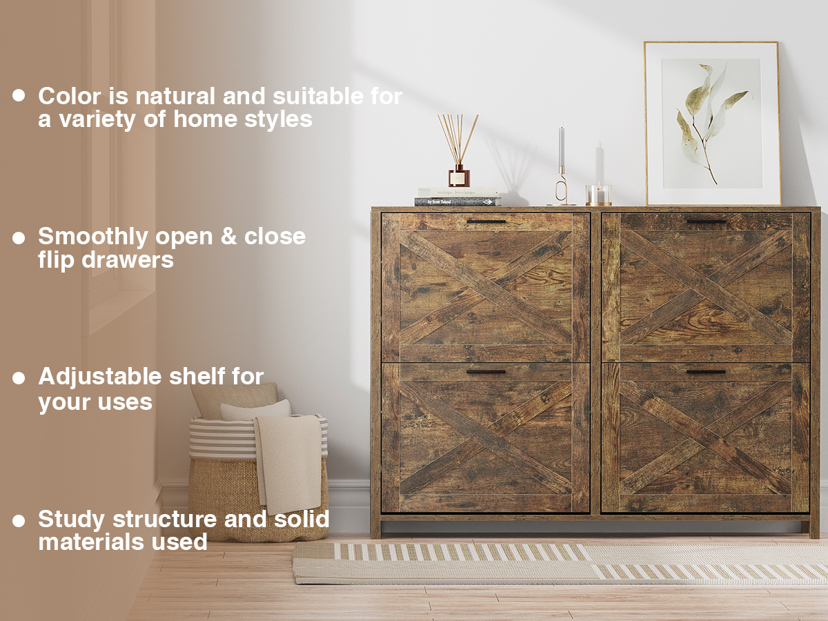 Large Shoe Storage Cabinet with 4 Flip Drawers, Narrow Shoe Cabinet for Entryway with Wooden Legs, Freestanding Hidden Shoe Rack Organizer ＆ Metal Hinges, Rustic Brown