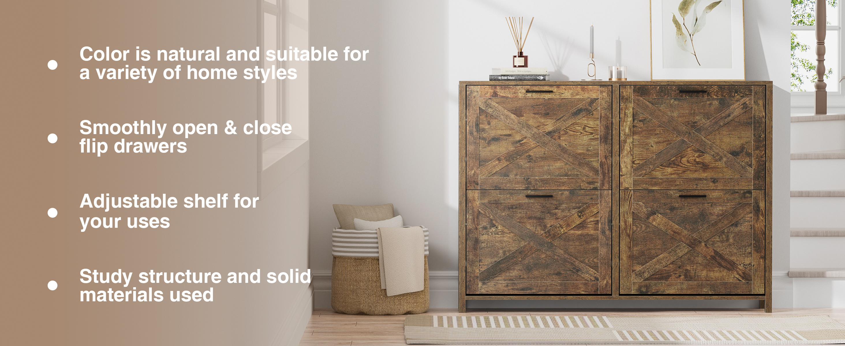 Large Shoe Storage Cabinet with 4 Flip Drawers, Narrow Shoe Cabinet for Entryway with Wooden Legs, Freestanding Hidden Shoe Rack Organizer ＆ Metal Hinges, Rustic Brown
