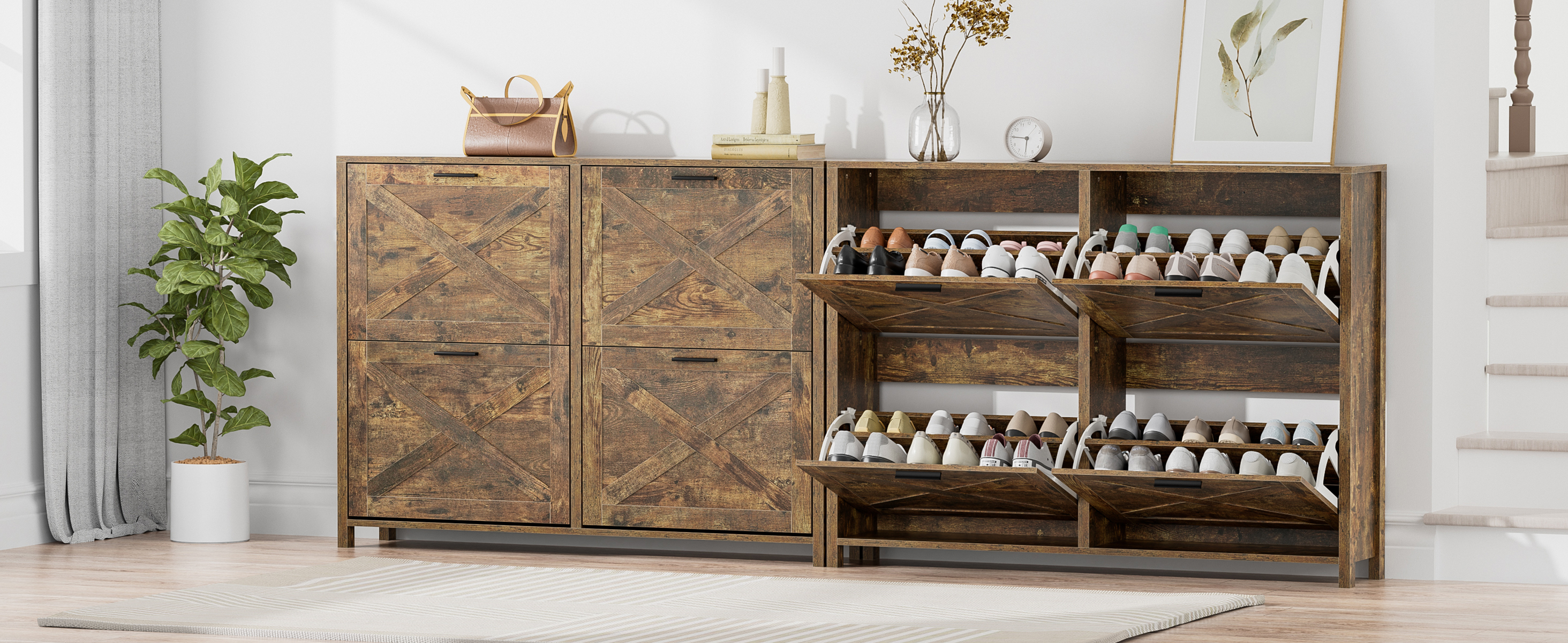 Large Shoe Storage Cabinet with 4 Flip Drawers, Narrow Shoe Cabinet for Entryway with Wooden Legs, Freestanding Hidden Shoe Rack Organizer ＆ Metal Hinges, Rustic Brown