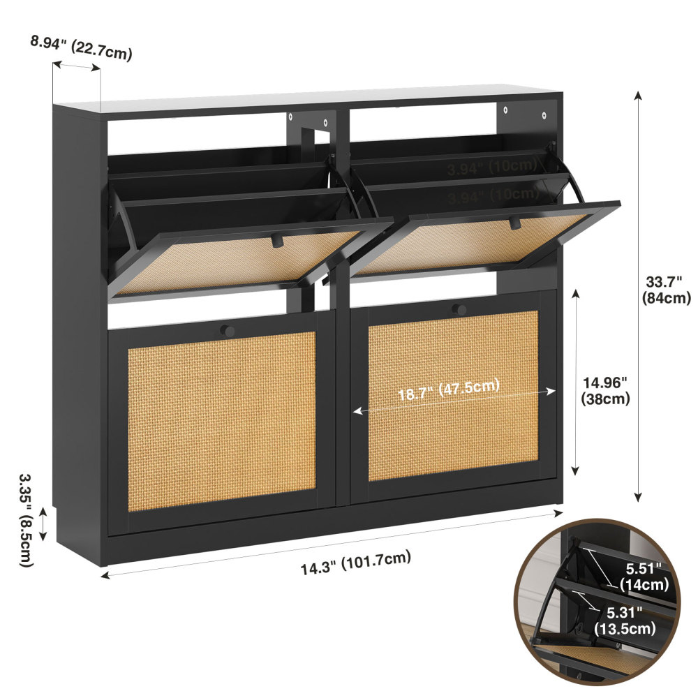 Rattan Shoe Storage Cabinet with 4 Flip Drawers, Freestanding Hidden Shoe Cabinet Organizer with Adjustable Shelf, Narrow Shoe Cabinet for Entryway Hallway Living Room