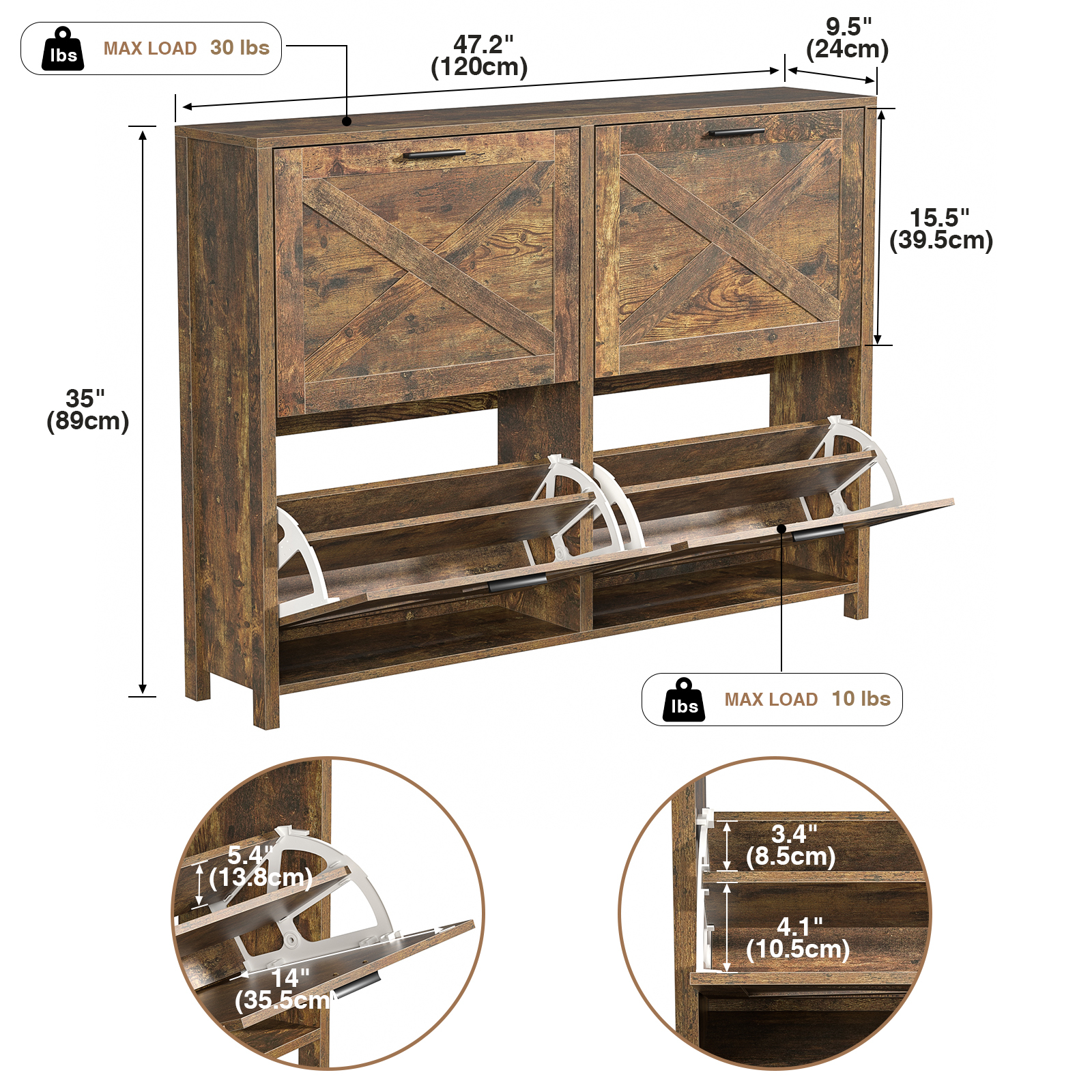 Large Shoe Storage Cabinet with 4 Flip Drawers, Narrow Shoe Cabinet for Entryway with Wooden Legs, Freestanding Hidden Shoe Rack Organizer ＆ Metal Hinges, Rustic Brown