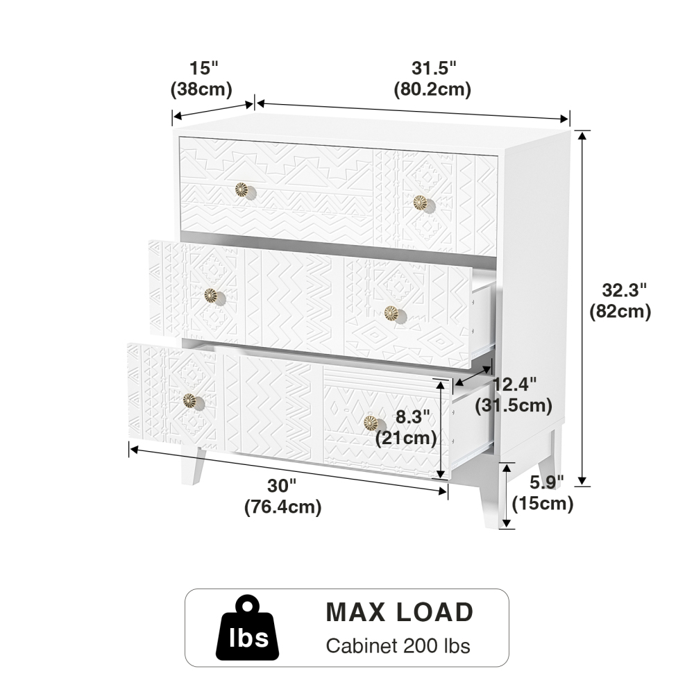 White dresser 3 drawer dresser for bedroom