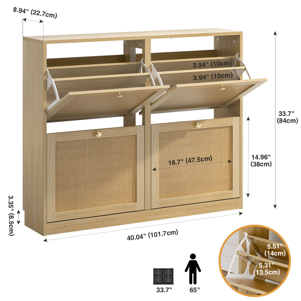 Rattan Shoe Storage Cabinet with 4 Flip Drawers, Freestanding Hidden Shoe Cabinet Organizer with Adjustable Shelf, Narrow Shoe Cabinet for Entryway Hallway Living Room