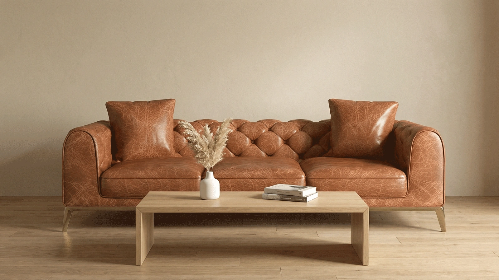 Stylish Three-Seater Brown Leather Sofa with Button-Tufted Backrest, Gold Metal Legs - Modern Mid-Century Classic Design for Living Room, Lounge