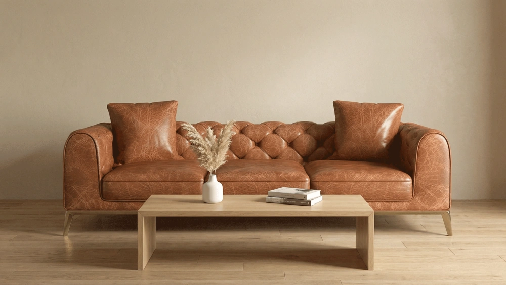 Stylish Three-Seater Brown Leather Sofa with Button-Tufted Backrest, Gold Metal Legs - Modern Mid-Century Classic Design for Living Room, Lounge