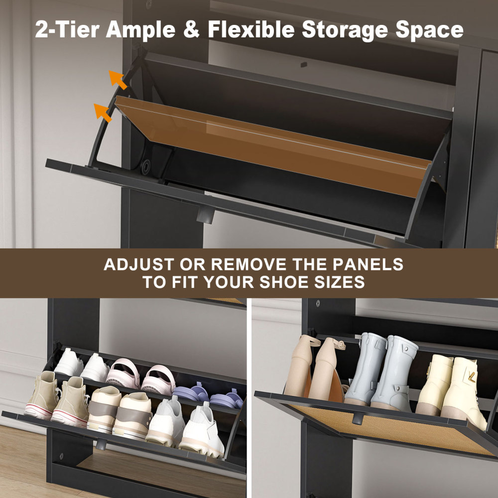 Rattan Shoe Storage Cabinet with 4 Flip Drawers, Freestanding Hidden Shoe Cabinet Organizer with Adjustable Shelf, Narrow Shoe Cabinet for Entryway Hallway Living Room