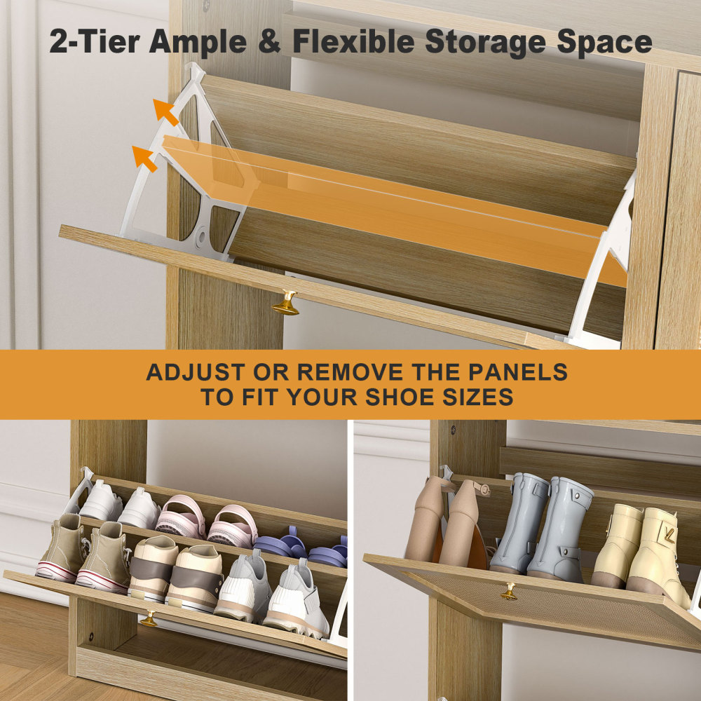 Rattan Shoe Storage Cabinet with 4 Flip Drawers, Freestanding Hidden Shoe Cabinet Organizer with Adjustable Shelf, Narrow Shoe Cabinet for Entryway Hallway Living Room