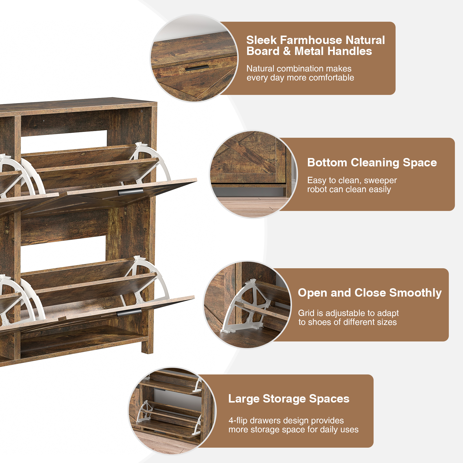 Large Shoe Storage Cabinet with 4 Flip Drawers, Narrow Shoe Cabinet for Entryway with Wooden Legs, Freestanding Hidden Shoe Rack Organizer ＆ Metal Hinges, Rustic Brown