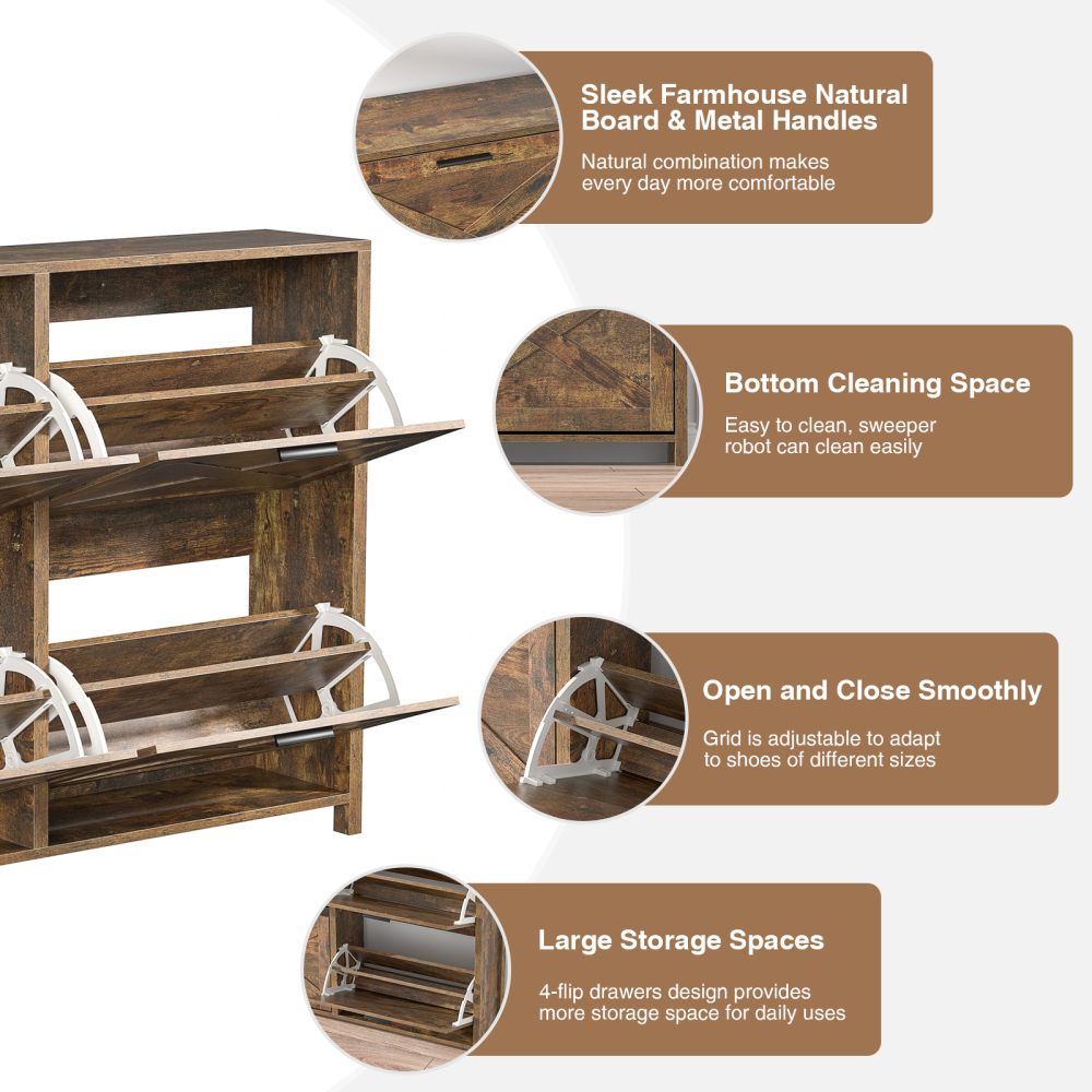 Large Shoe Storage Cabinet with 4 Flip Drawers, Narrow Shoe Cabinet for Entryway with Wooden Legs, Freestanding Hidden Shoe Rack Organizer ＆ Metal Hinges, Rustic Brown