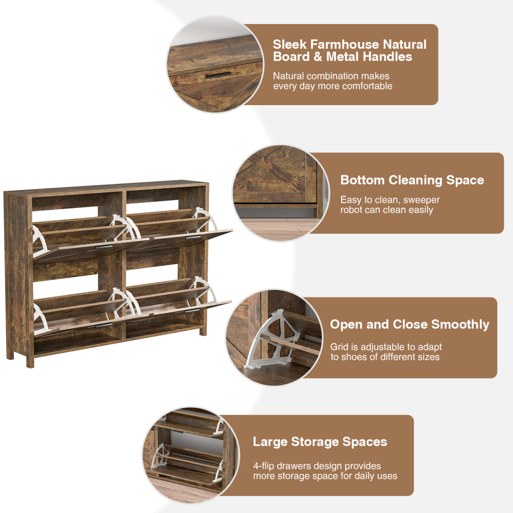 Large Shoe Storage Cabinet with 4 Flip Drawers, Narrow Shoe Cabinet for Entryway with Wooden Legs, Freestanding Hidden Shoe Rack Organizer ＆ Metal Hinges, Rustic Brown