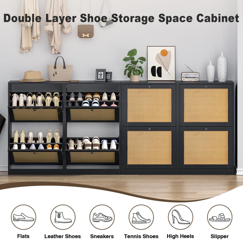 Rattan Shoe Storage Cabinet with 4 Flip Drawers, Freestanding Hidden Shoe Cabinet Organizer with Adjustable Shelf, Narrow Shoe Cabinet for Entryway Hallway Living Room
