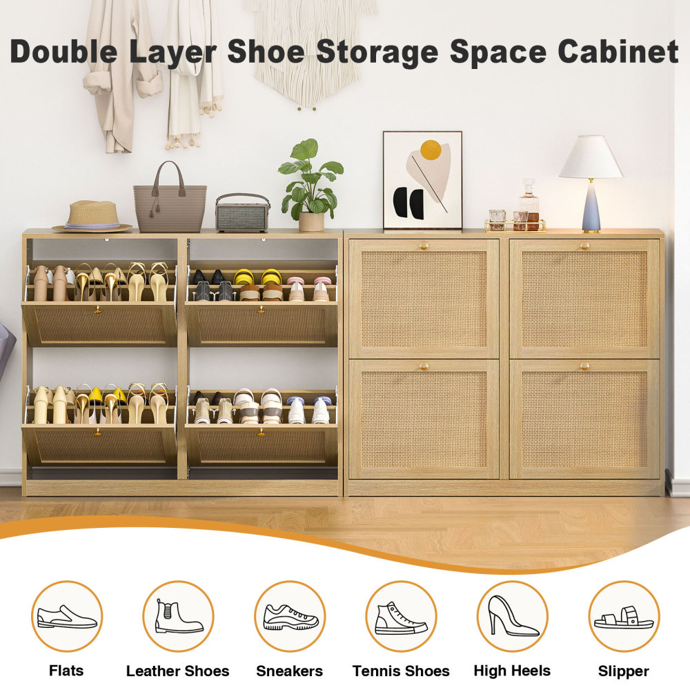 Rattan Shoe Storage Cabinet with 4 Flip Drawers, Freestanding Hidden Shoe Cabinet Organizer with Adjustable Shelf, Narrow Shoe Cabinet for Entryway Hallway Living Room