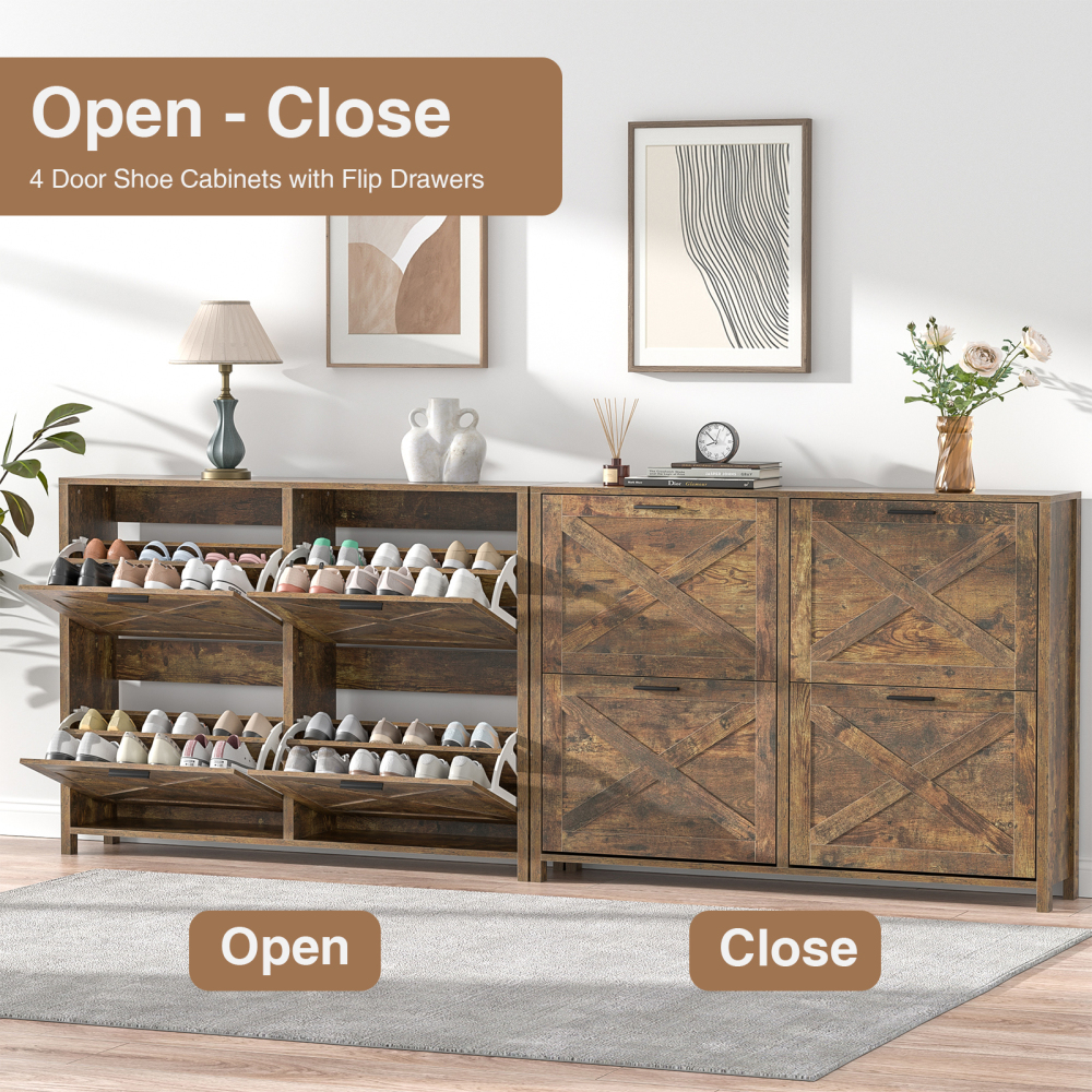 Large Shoe Storage Cabinet with 4 Flip Drawers, Narrow Shoe Cabinet for Entryway with Wooden Legs, Freestanding Hidden Shoe Rack Organizer ＆ Metal Hinges, Rustic Brown