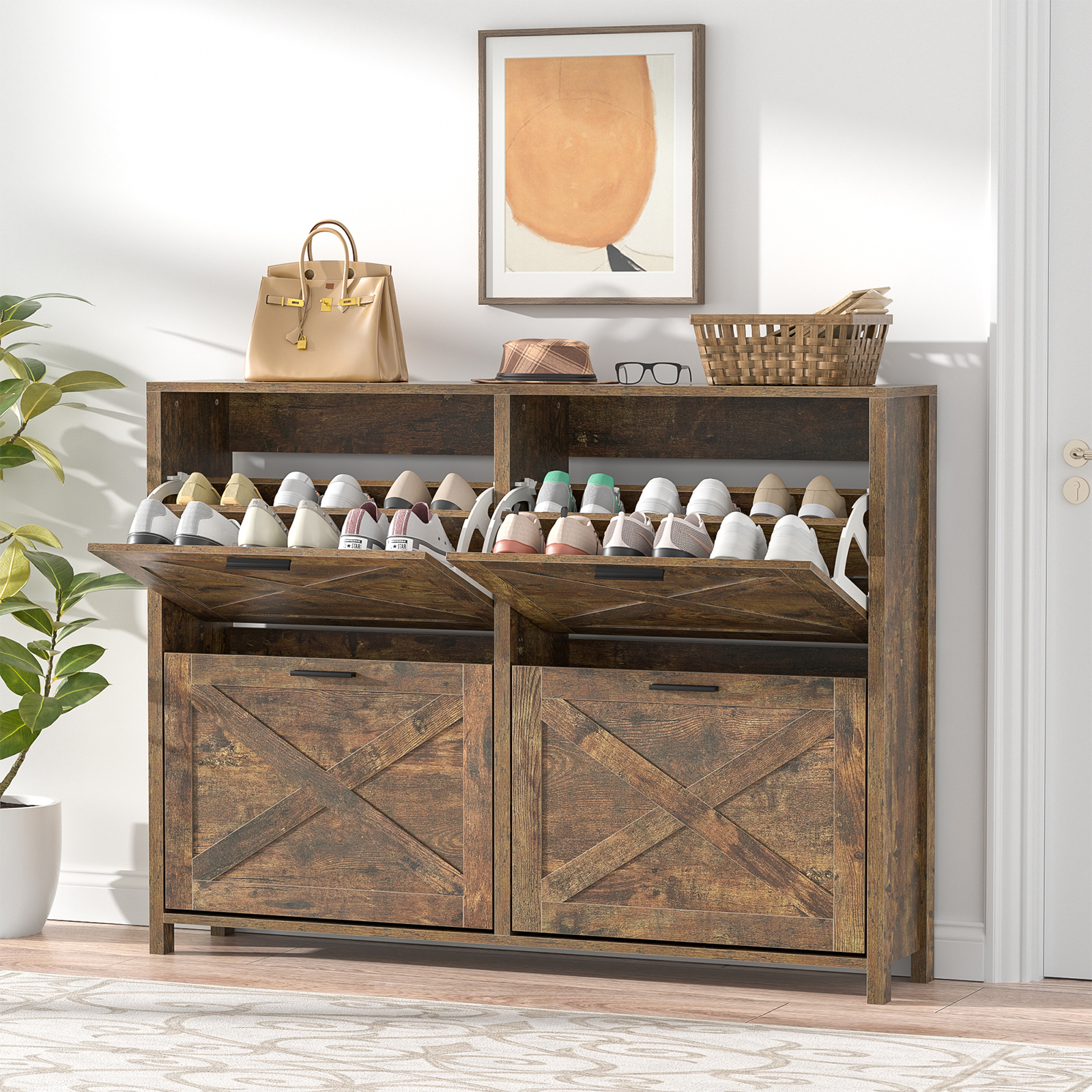 Large Shoe Storage Cabinet with 4 Flip Drawers, Narrow Shoe Cabinet for Entryway with Wooden Legs, Freestanding Hidden Shoe Rack Organizer ＆ Metal Hinges, Rustic Brown