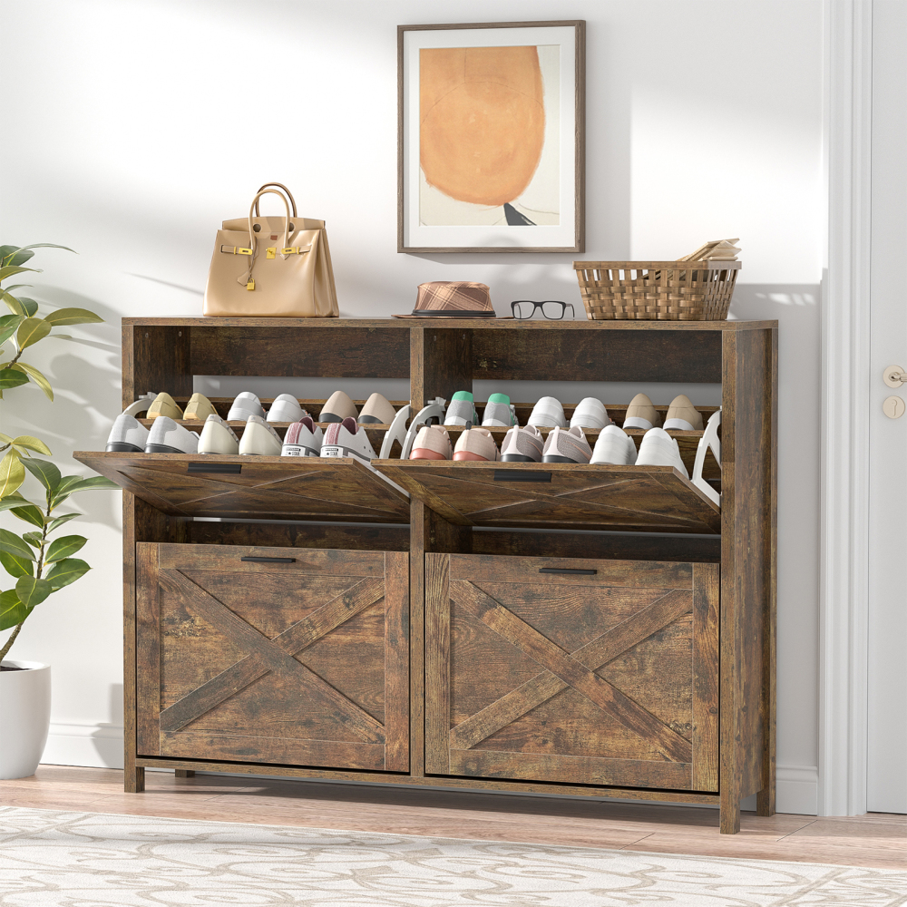 Large Shoe Storage Cabinet with 4 Flip Drawers, Narrow Shoe Cabinet for Entryway with Wooden Legs, Freestanding Hidden Shoe Rack Organizer ＆ Metal Hinges, Rustic Brown