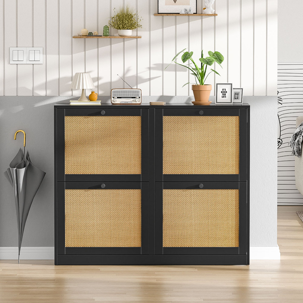 Rattan Shoe Storage Cabinet with 4 Flip Drawers, Freestanding Hidden Shoe Cabinet Organizer with Adjustable Shelf, Narrow Shoe Cabinet for Entryway Hallway Living Room