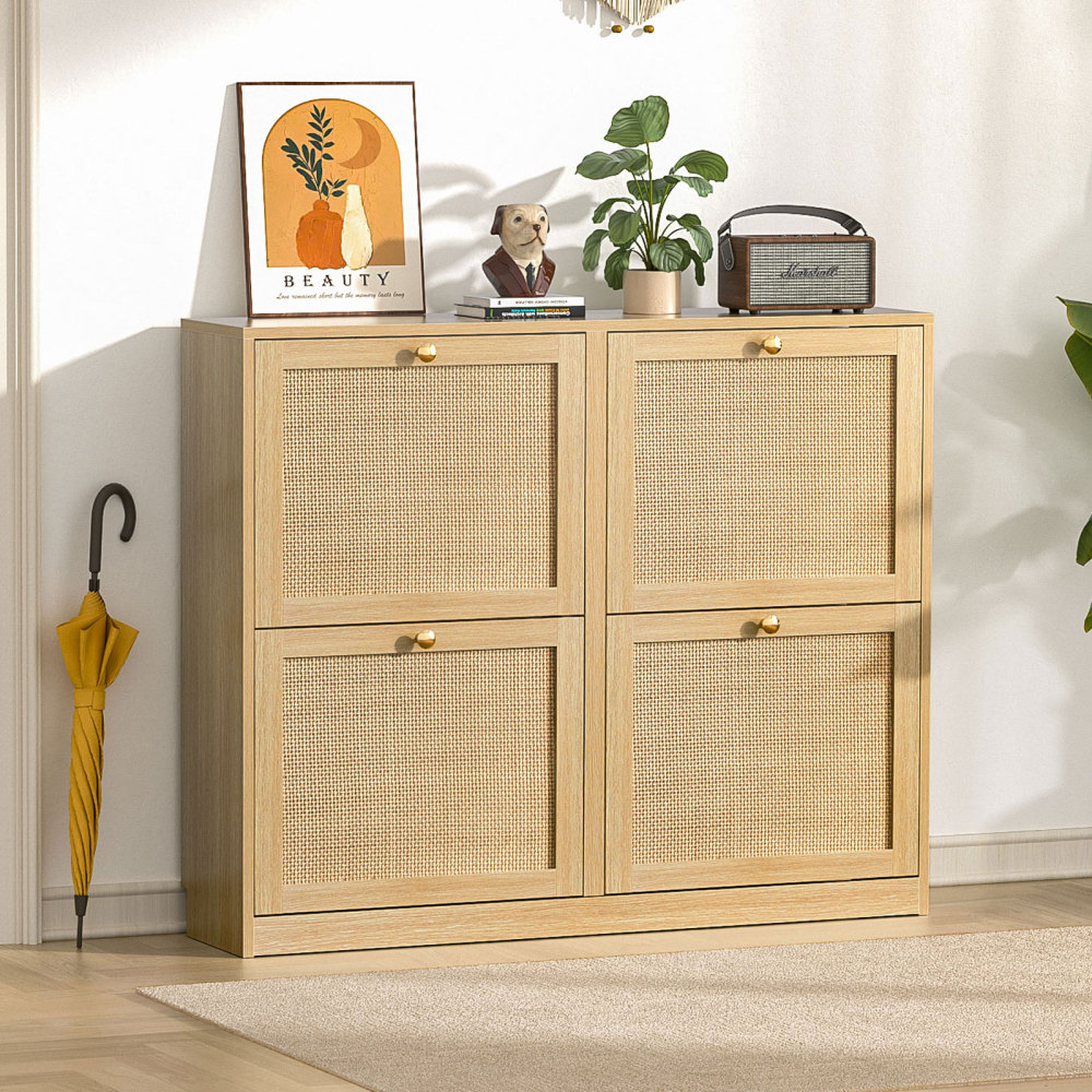 Rattan Shoe Storage Cabinet with 4 Flip Drawers, Freestanding Hidden Shoe Cabinet Organizer with Adjustable Shelf, Narrow Shoe Cabinet for Entryway Hallway Living Room